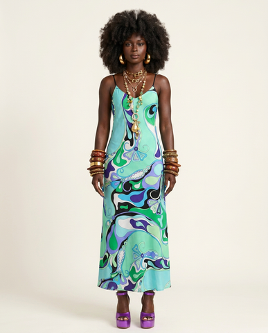 Vibrant Printed Satin Midi Dress