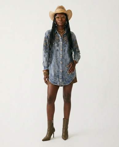 Adventurous Embroidered Oversized Denim Blouse