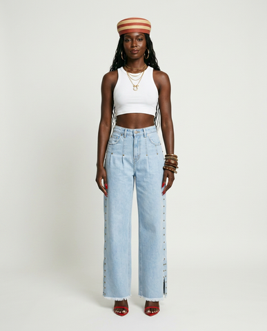 Audacious Studded Slit Wide Leg Jeans
