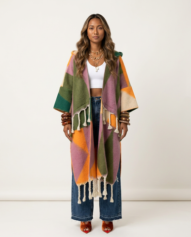Vibrant Geometric Tassel Hooded Kaftan