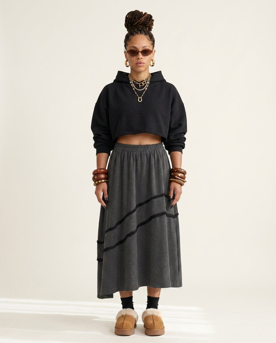 Grounded Asymmetrical Jersey Midi Skirt