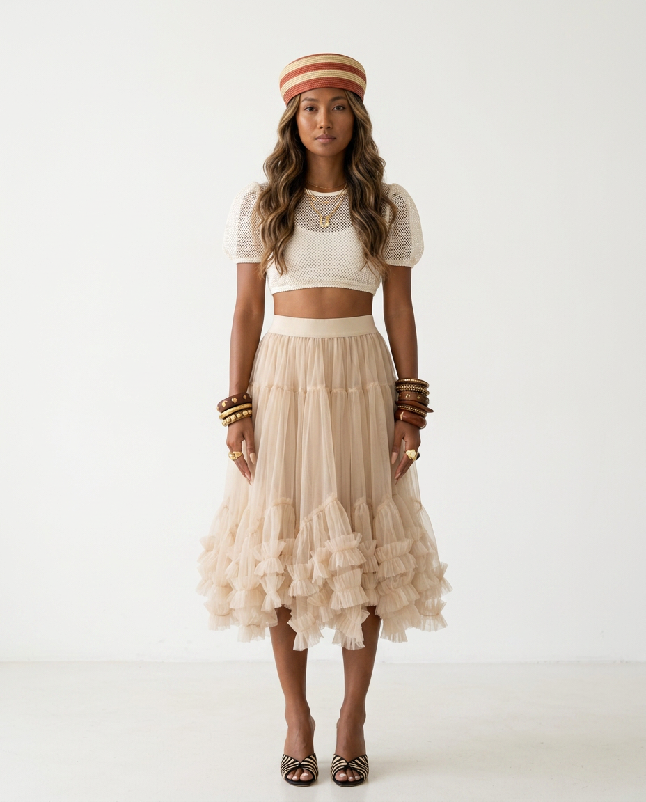 Ethereal Tiered Mesh Midi Skirt