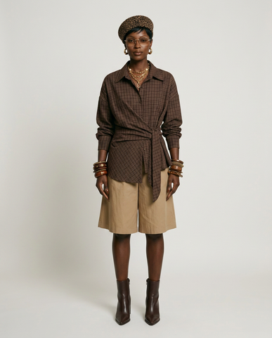 Grounded Plaid Tie-Waist Blouse