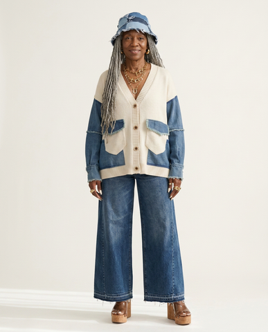 Unique Patchwork Knit Denim Cardigan