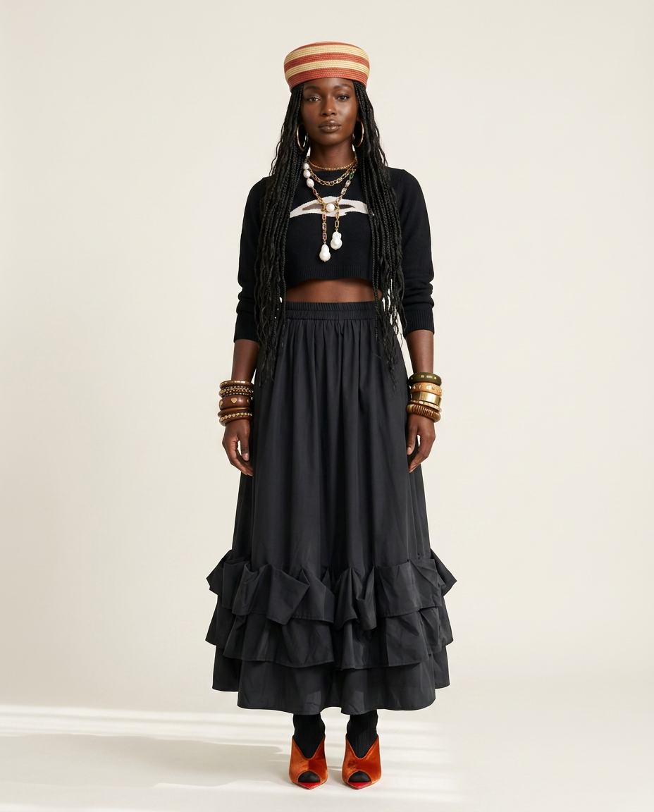 Sovereign Pleated Ruffle Midi Skirt