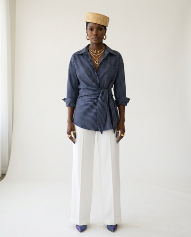 Confident Striped Tie-Waist Blouse