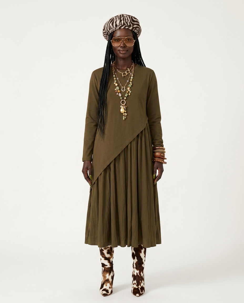 Grounded Pleated Irregular Midi Dress