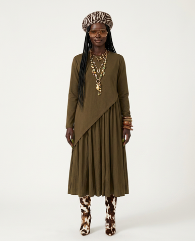Grounded Pleated Irregular Midi Dress