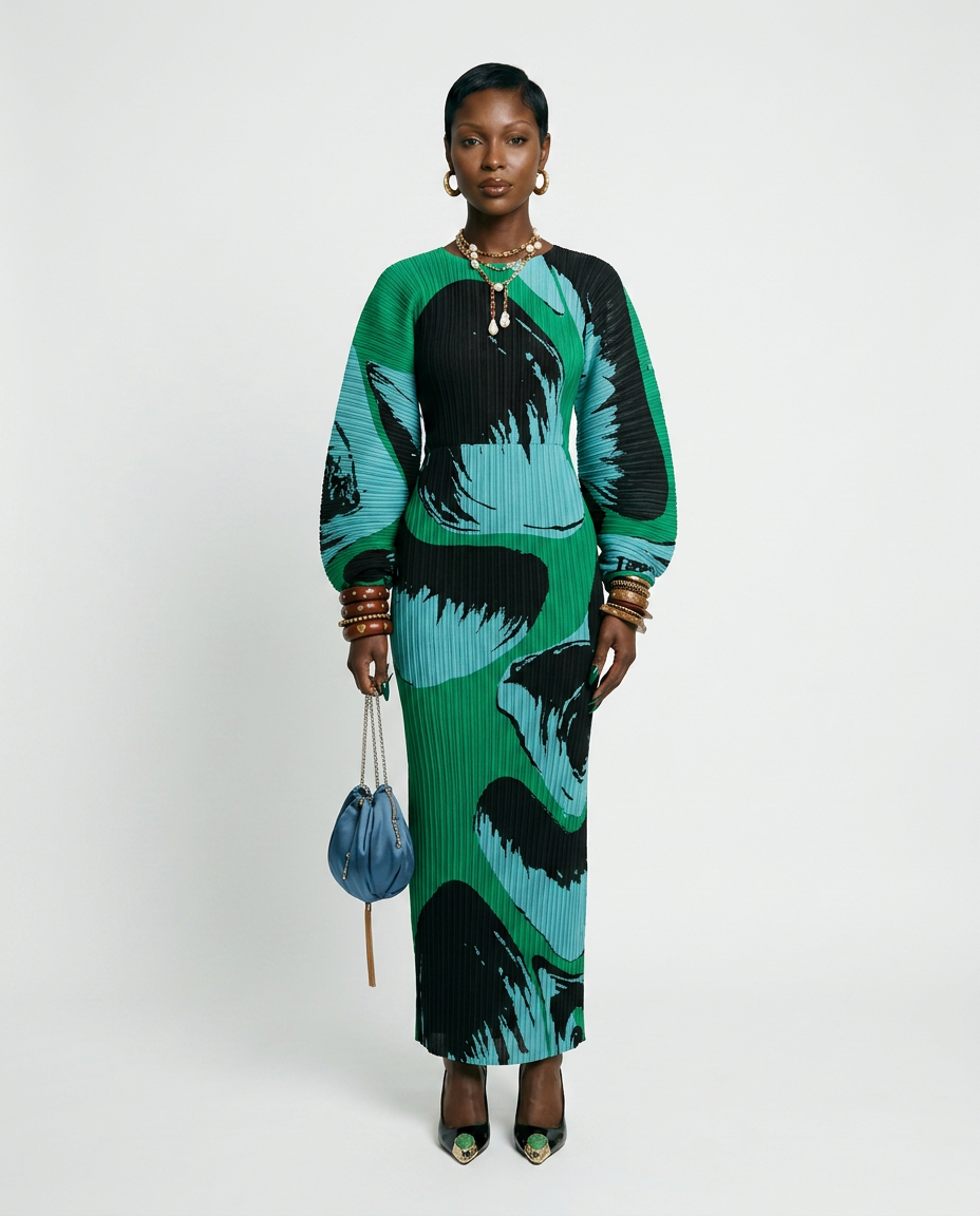Divine Pleated Hand-Painted Maxi Dress