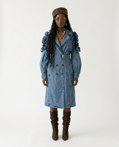 Audacious Ruffled Denim Trench Coat