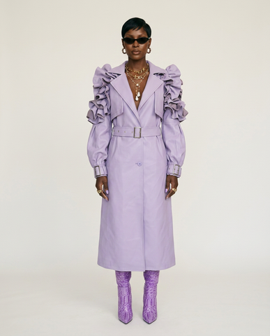 Audacious Ruffled Faux Leather Trench Coat