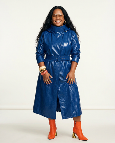 Vibrant Faux Leather Hooded Trench Coat