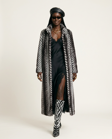 Elegant Faux Fur Striped Maxi Coat