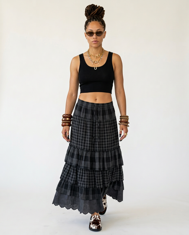 Grounded Plaid Tiered Maxi Skirt