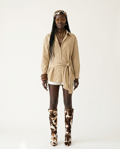 Grounded Khaki Tie-Waist Mini Dress