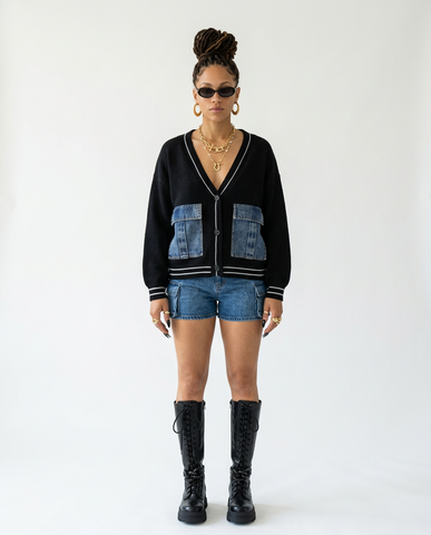 Distinctive Denim Patchwork Knit Cardigan