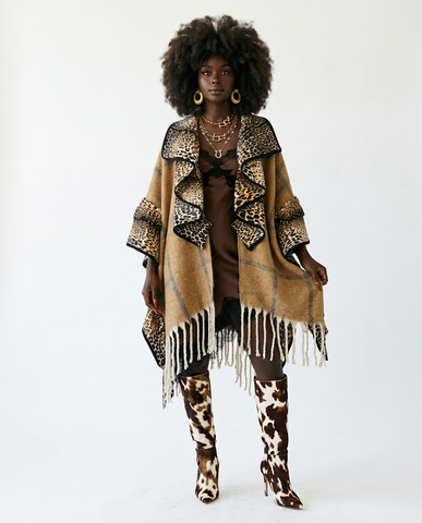 Fierce Leopard Tassel Knit Poncho