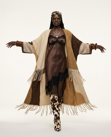 Grounded Geometric Tassel Knit Coat