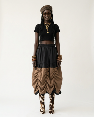 Grounded Ruched Two-Tone Midi Skirt