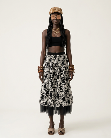 Ethereal Embroidered Mesh Maxi Skirt
