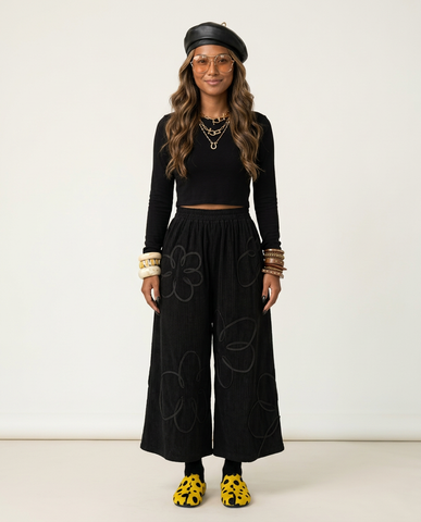 Grounded Floral Corduroy Wide-Leg Pants